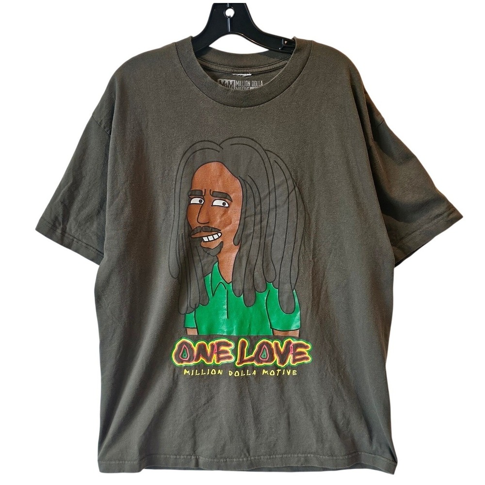 Million Dolla Motive Mens One Love Graphic T-Shirt‎ Olive XL Bob Marley Style